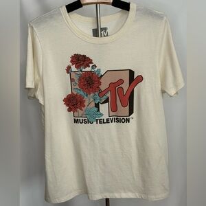 MTV Women’s XL Retro Vibes Floral Logo Graphic Tee Soft Red Teal Cream Trendy